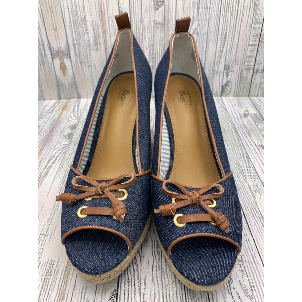 GH Bass Annie Slip On Heels Size 10 Peep Wedge Espadrille Shoes Denim with lace